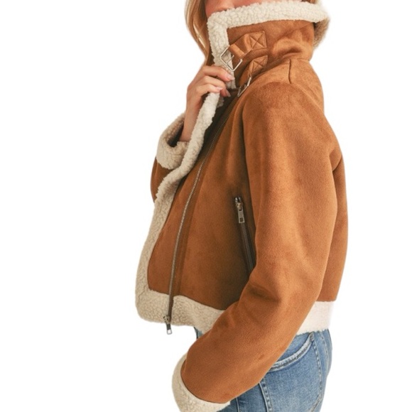 NEW FAUX SHERPA SUEDE BIKER JACKET - CAMEL - Picture 2 of 7